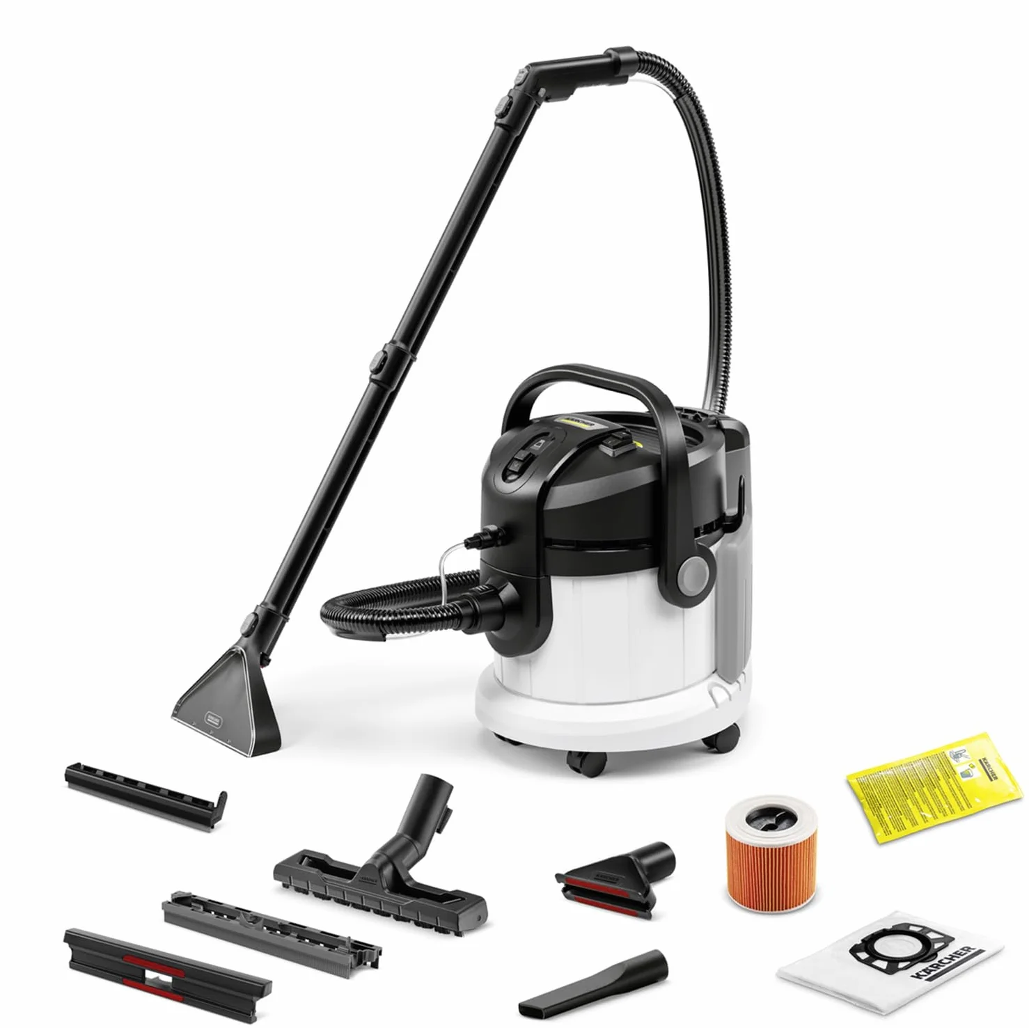 KÄRCHER Lava-aspiradora SE 4, Manguera de aspiración con pulverizador, depósitos de 4 l, boquillas de Lavado, de Clip y para tapicerías, con Accesorios para Suelos Duros y alfombras