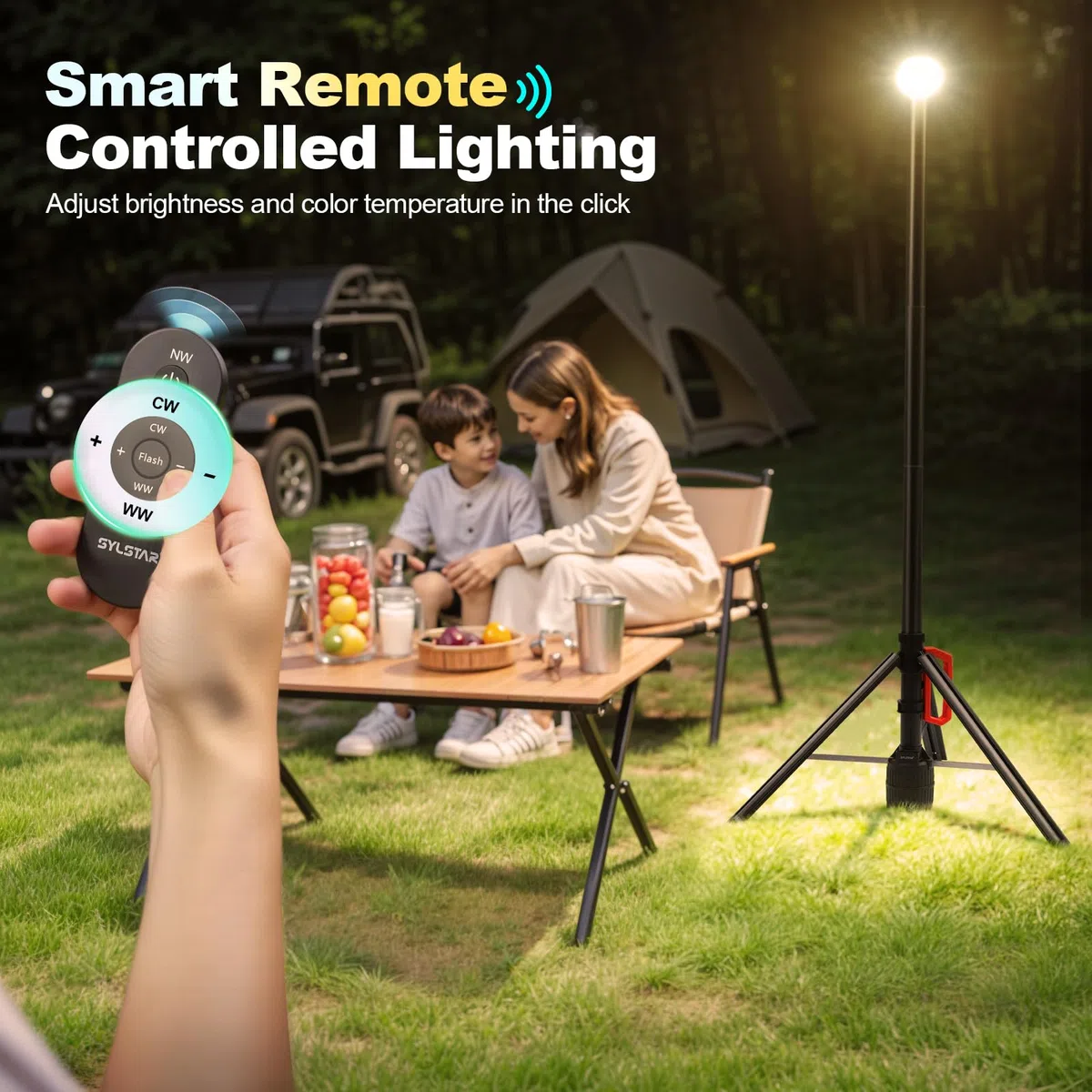 SYLSTAR Foco LED Recargable con Mando y Trípode Telescópico (2.65m), 3000LM Foco LED Bateria Ultrabrillante 3CCT Regulable, Portátil para Talleres, Camping, Deportes y Emergencias