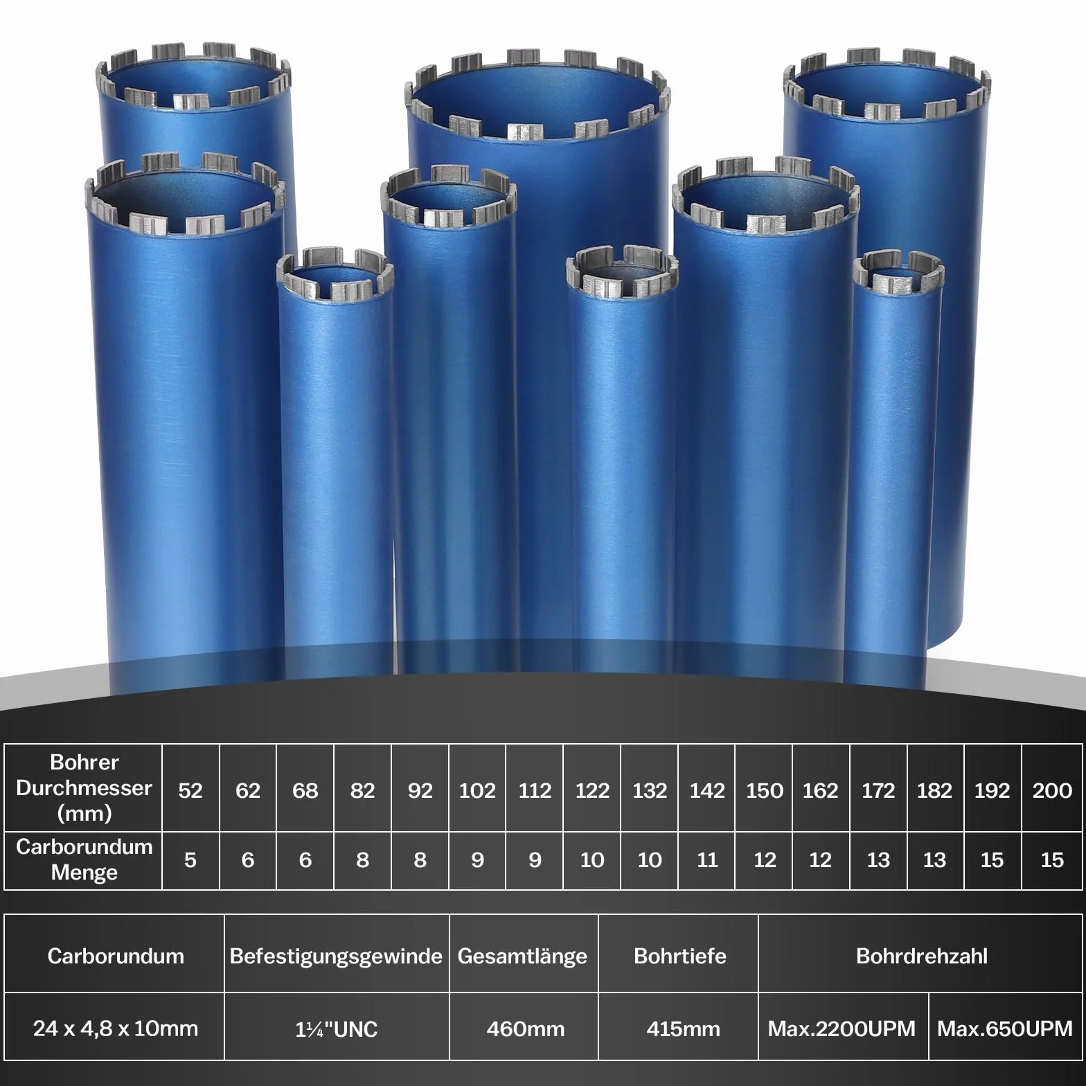 Corona de perforación de diamante para máquina de perforación de núcleo, taladro de núcleo turbo con SDS-Plus - 1 1/4" - Ø 62mm - Longitud total 460 mm - de aleación de metal - Taladro de núcleo para