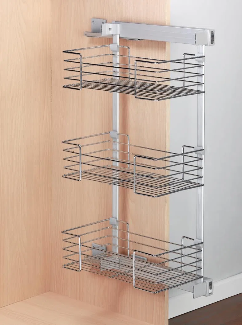 CESTOS LATERALES con guias de extracción total – para ARMARIOS, VESTIDORES, muebles de cocina – marco de aluminio, cestas en acero cromado – sistema de guías de freno (ALTO 74CM, IZQUIERDA)