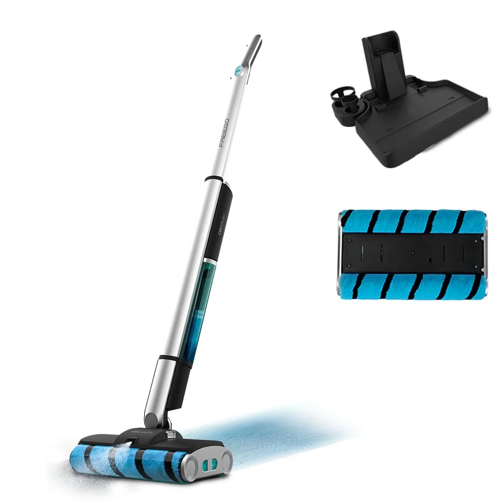 Cecotec Fregona Eléctrica sin Cable con Base Autolimpieza FreeGo Wash Twice Spray X-Treme. Autonomía 40mins, Doble Rodillo, Depósito Agua Limpia 450ml y 350ml de Sucia, Pulverizador de Agua, Spray
