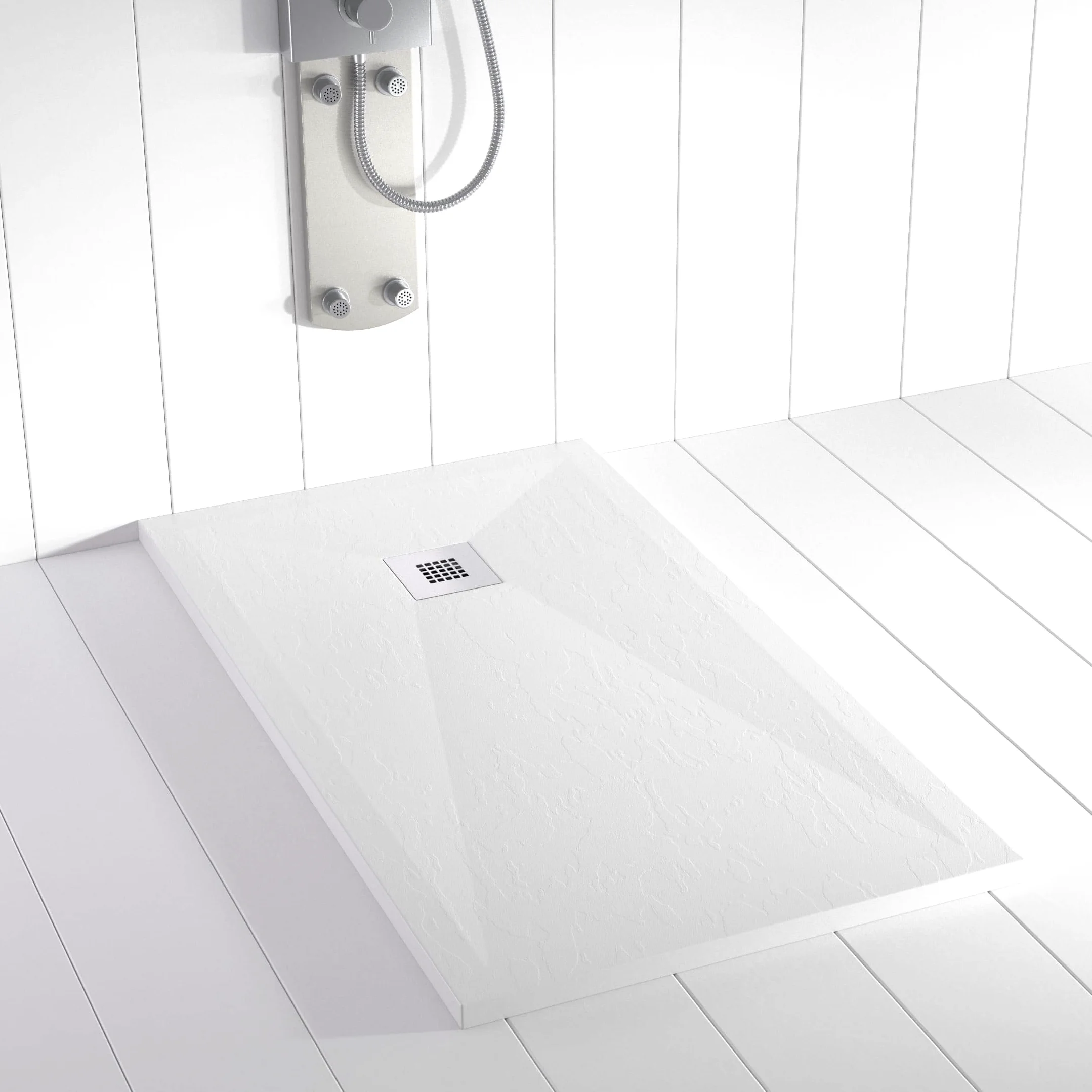 Plato de ducha resina PLES desagüe centrado color Blanco 140x80 textura pizarra antideslizante rejilla inox con válvula
