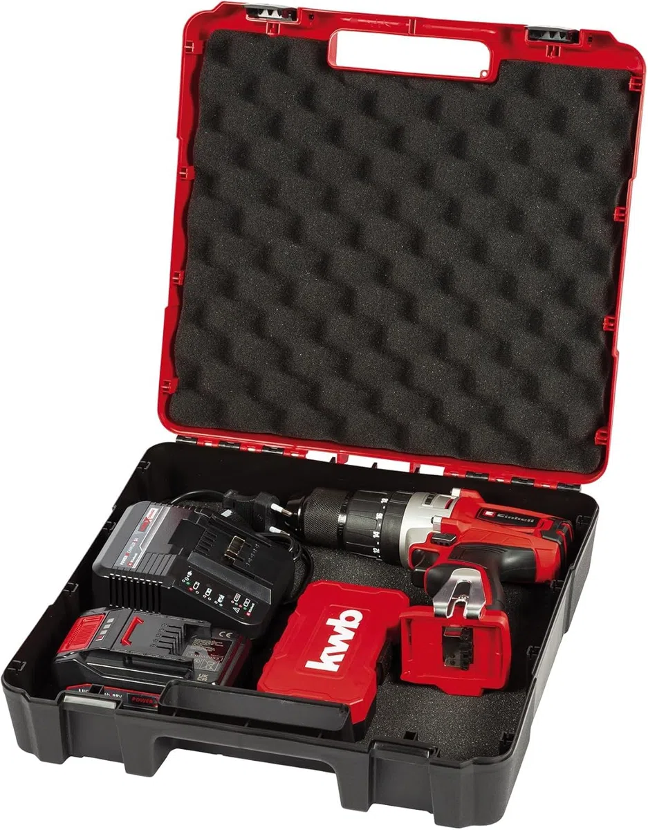 Einhell Taladro percutor con batería TE-CD 18/2 Li +22 (1x2,5 Ah) PXC (iones de Li, 18 V, 44 Nm, engranaje de 2 veloc., incl. batería de 2,5 Ah, cargador rápido, caja de puntas de 22 piezas y maletín)