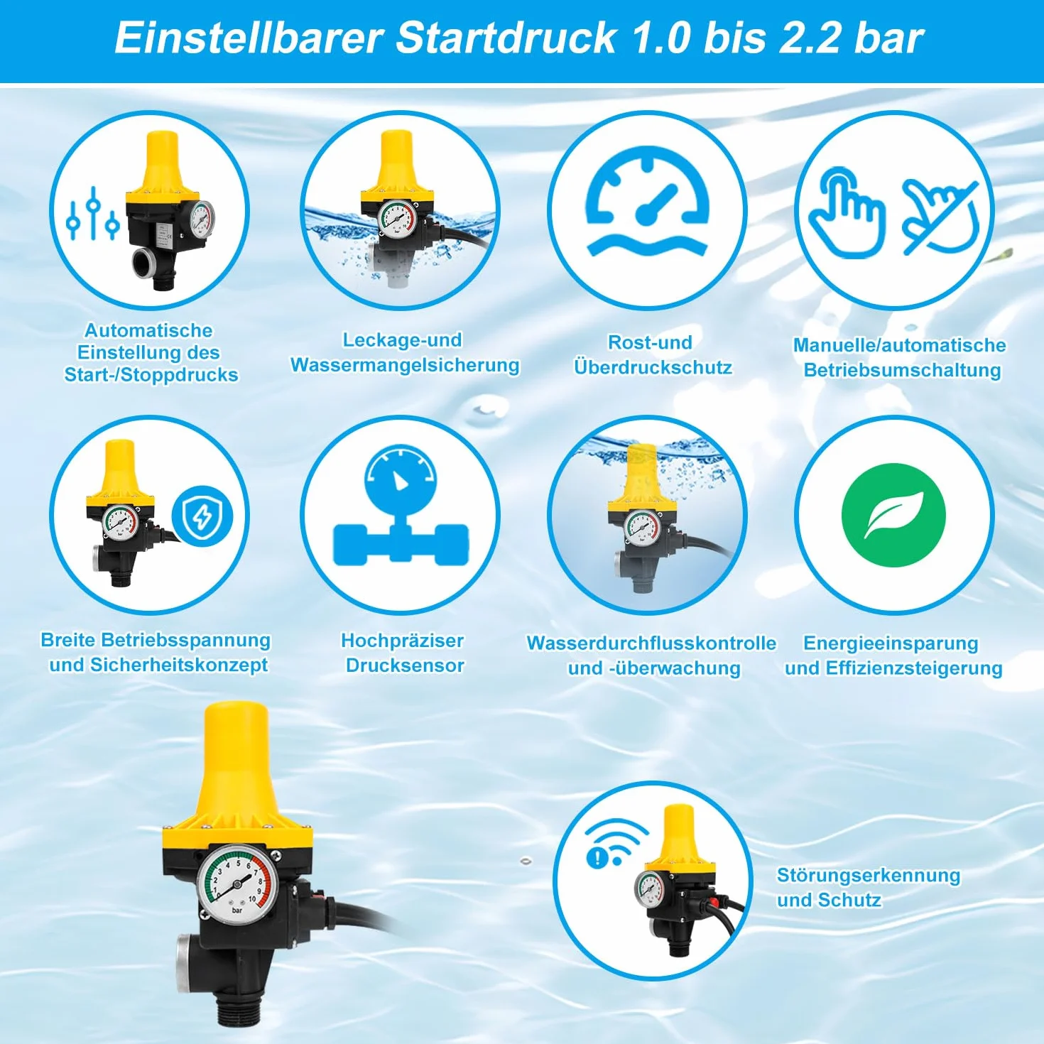 Control electrónico de la bomba 1100 W 9000 l/h, interruptor de presión para agua, 10 bares de presión con cable, interruptor de presión IP65 para bombas de agua (1,5-3 bares)