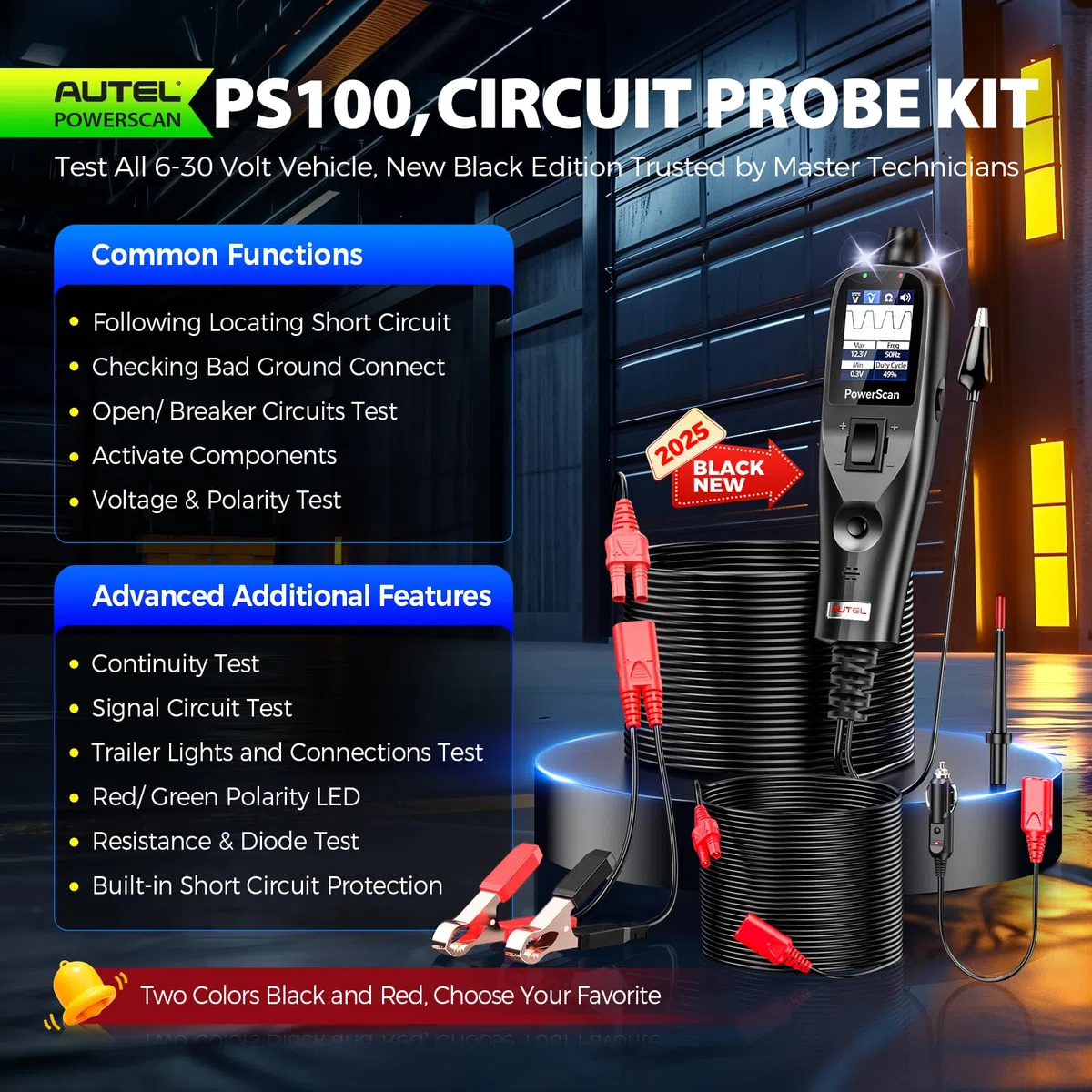 Autel® PowerScan PS100 Probador Circuitos, PowerProbe 12V-24V, Detector Cortocircuito, Interruptor Abierto, Multímetro Digital, Prueba Resistencia Relés & Diodos, Verificación Tierra, Cable 12M, Negro