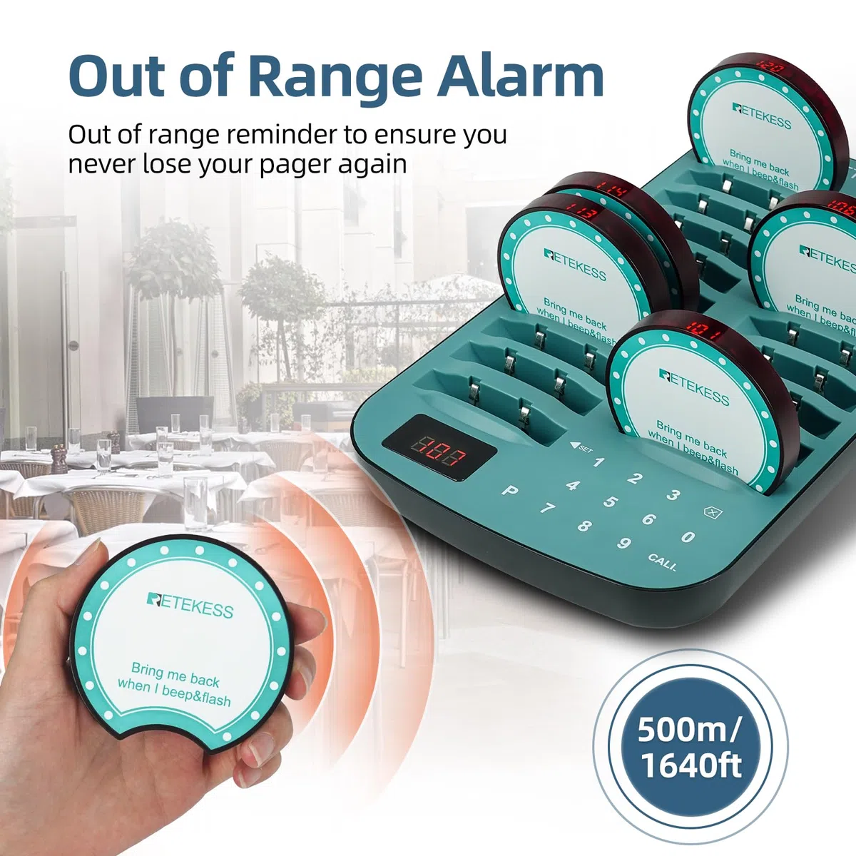 Retekess TD167A Buscapersonas Restaurante, 500M Avisadores Hosteleria, 20 Buscapersonas, Emparejamiento con Una Tecla, 7 Modos de Llamada, 300 mAh 24H, Avisador Clientes para Hotele, Bar, Café