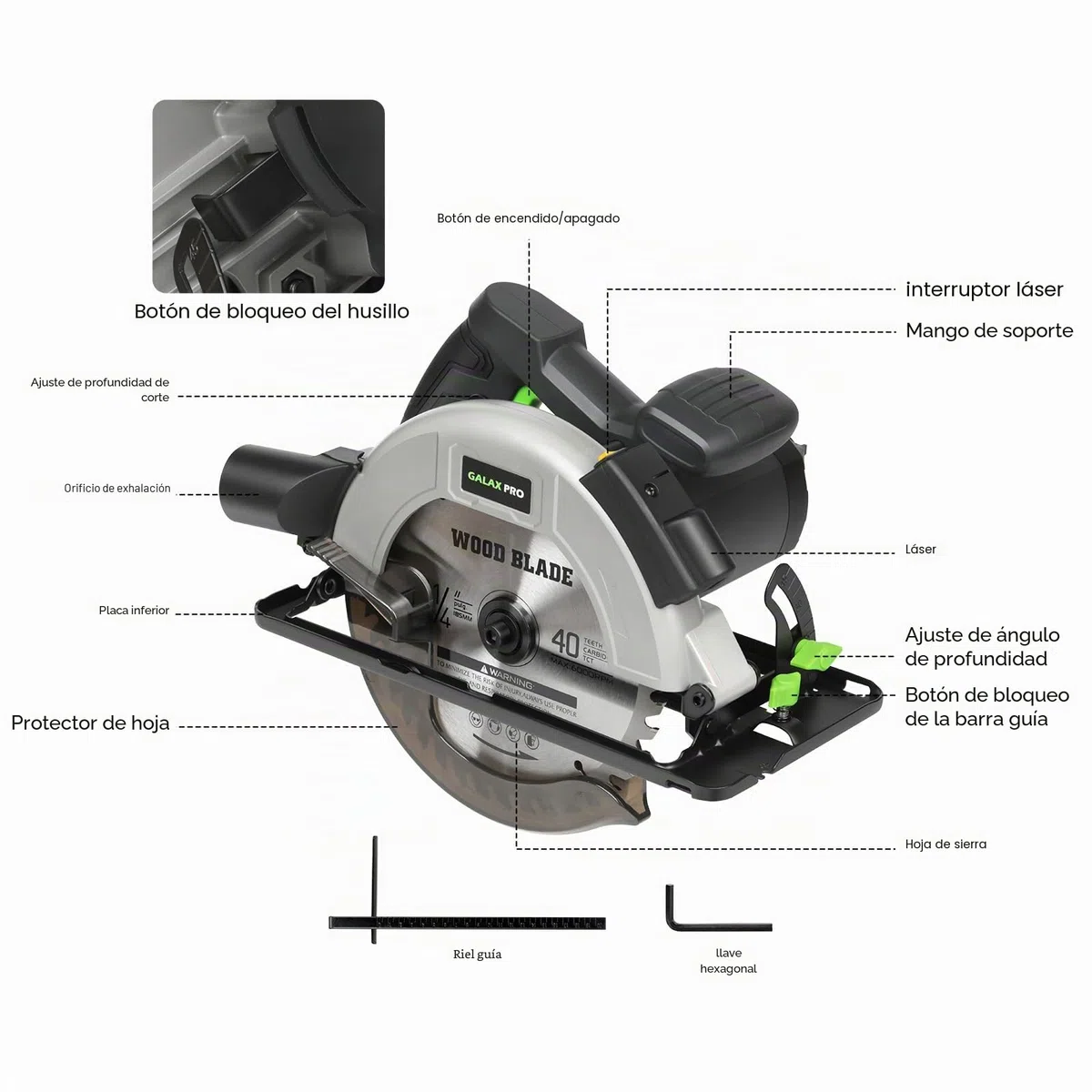 GALAX PRO 1400W Sierra Circular,6000RPM sierra circular manual con guía láser,Corte Máximo:62mm(90°) y 48mm(45°),2 Hojas de Sierra 185mm(24T&40T) para Corte de Madera/Plástico