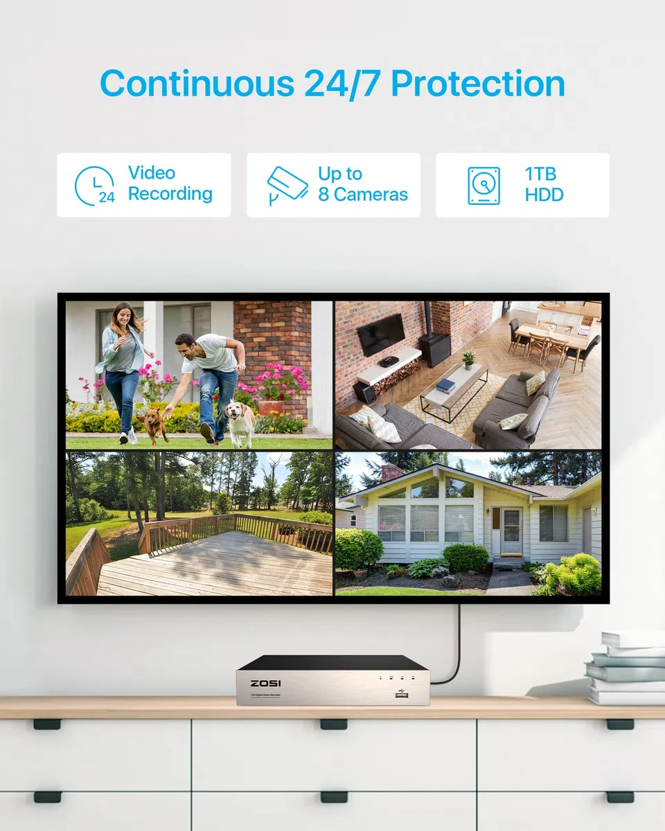 ZOSI 1080P Kit de Cámara de Vigilancia 8CH H.265+ Grabadora DVR con 8 Cámara de Seguridad Impermeable,Visión Nocturna, Detección de Movimiento, 1TB Disco Duro