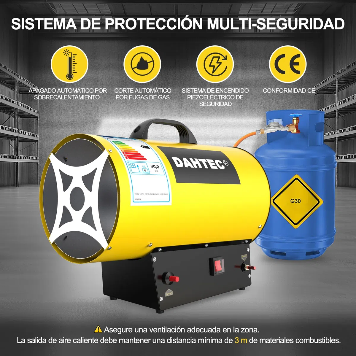 Calefactor de Gas Auxiliar 30 kW - Cañón de Calor - Radiador Soplante de Gas - Calefacción Radiante Con Ventilador - Soplador de Aire Caliente para Obras, Amarillo