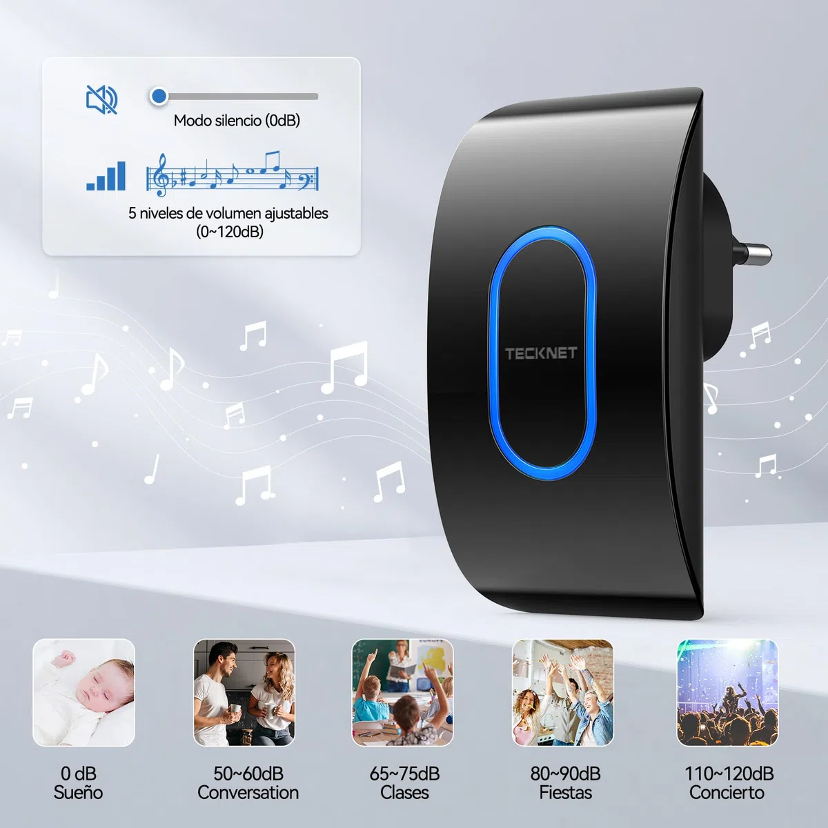 TECKNET Timbre Inalámbrico Exterior Impermeable con 3 Receptores Enchufables, IP65 Impermeable Doorbell 400M, 60 Melodías & 5 Niveles de Volumen, 3 Modos de Trabajo, Indicador LED, Negro