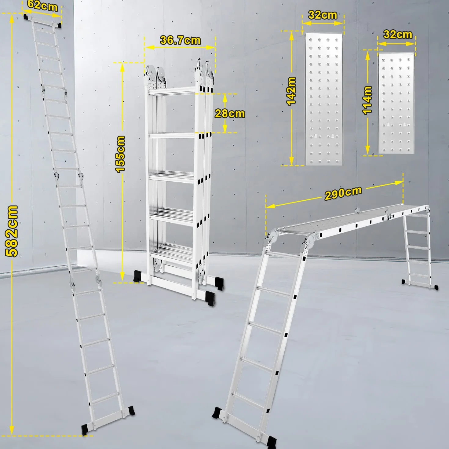 Herrselsam Escalera Multiusos 4 x 5, 7 en 1, 582 cm, Aluminio, Plegable, con 2 Plataformas y Ruedas, Carga máxima 150 kg, Escalera multifunción 20 peldaños,DY8973-M-1x