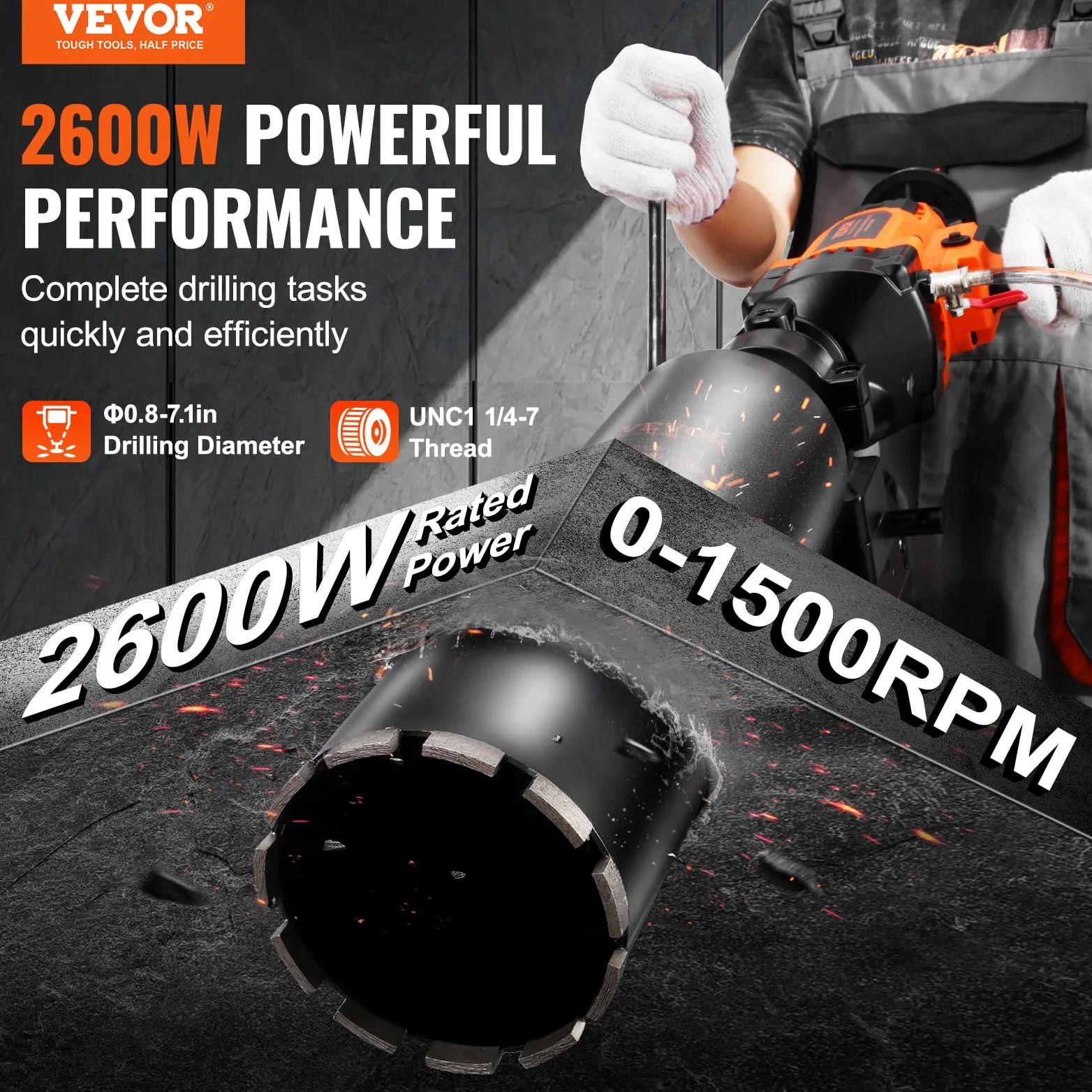VEVOR Taladro de núcleo Portátil de 20-180 mm de Diámetro de Perforación con Soporte y Broca de Núcleo, Taladro de Núcleo de Hormigón de 2600 W, Uso Húmedo y Seco para Hormigón, Ladrillo, Mármol