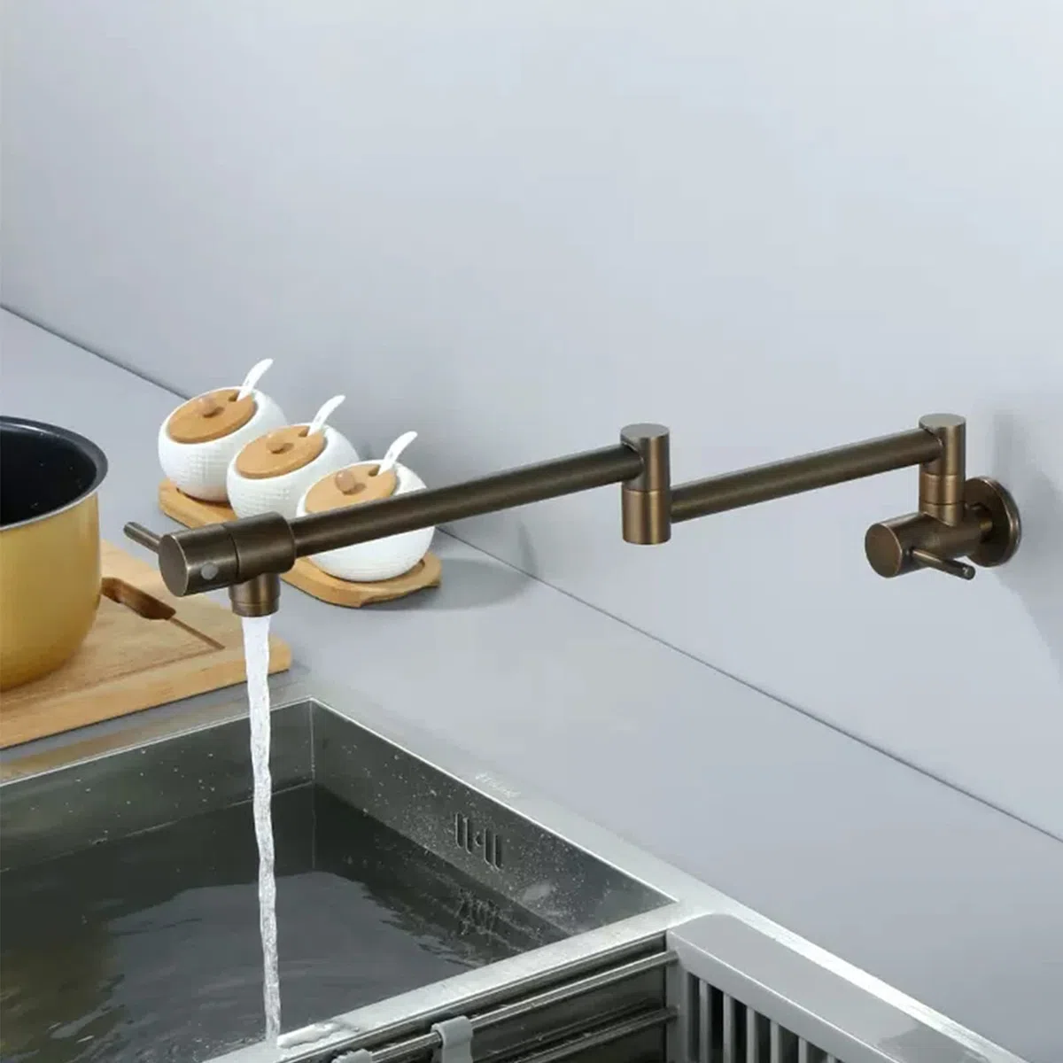 Grifo de latón antiguo para llenado de ollas, montaje en pared, doble articulación, brazo oscilante, grifos de cocina plegables con un solo agujero, 2 asas