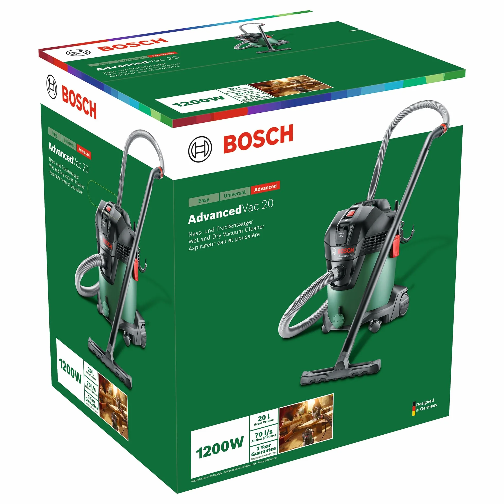 Bosch Aspirador en seco y húmedo AdvancedVac 20 (1200 vatios, Volumen de contenedor de 20 litros, en Caja)