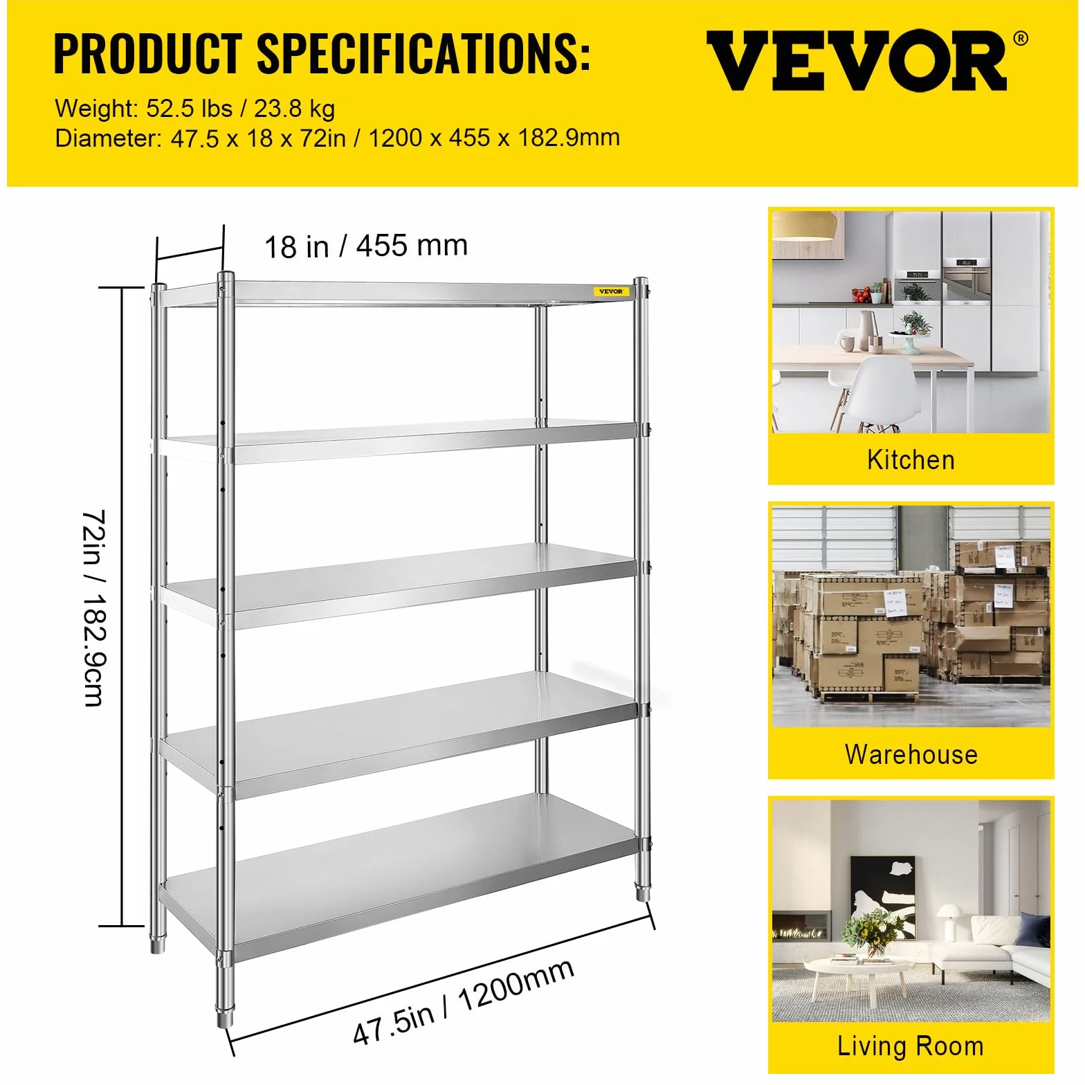 VEVOR Estantería Robusta de 5 Niveles de Acero Inoxidable 121,9 x 47 x 182,9 cm, estantería para Cargas Pesadas de 5 estantes de Acero Inoxidable de Capacidad 750 kg Total, estantería de 5 Niveles