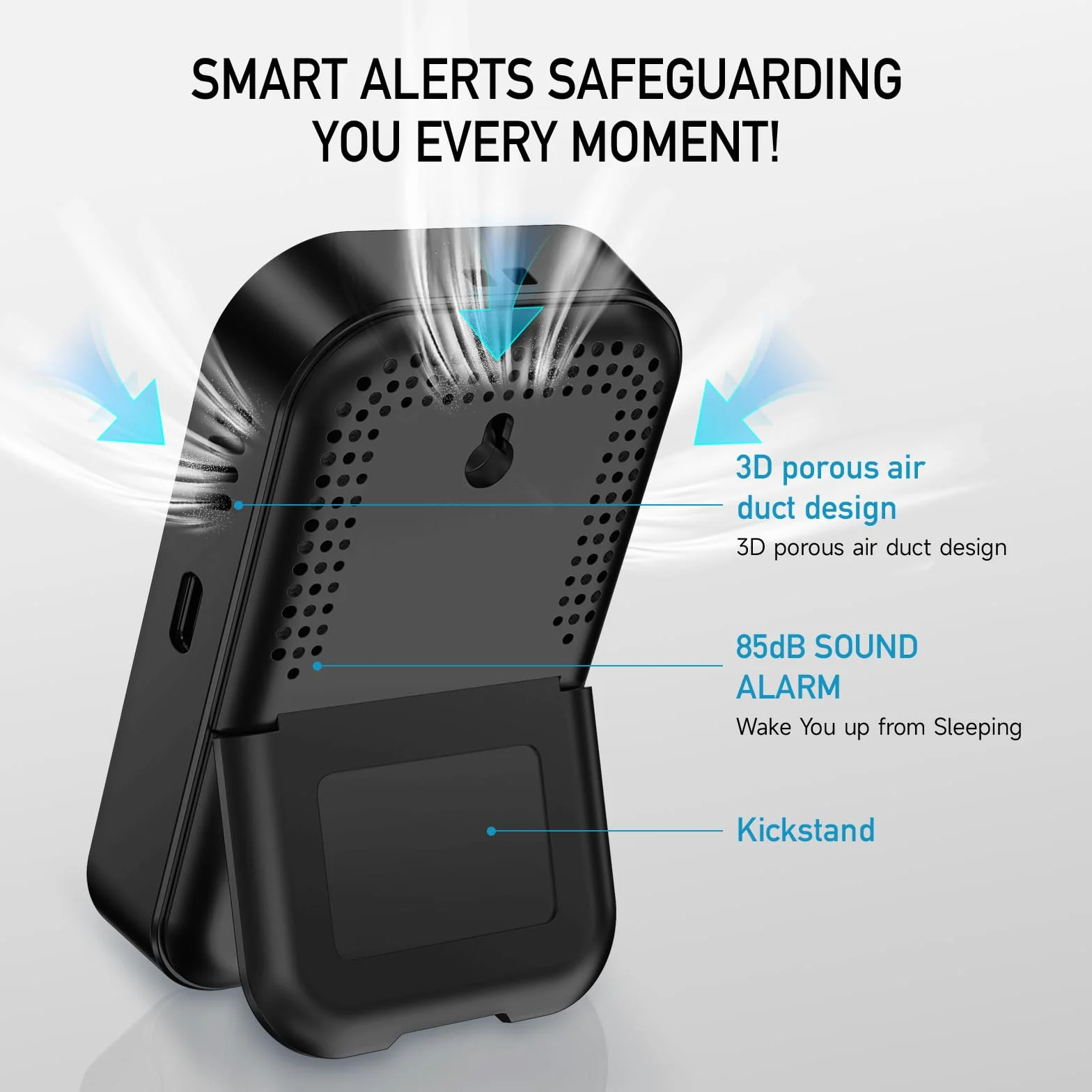 YOJOCK Detector de Monóxido de Carbono 3-en-1 Portátil para Casa y Viajes, 120 Horas de Standby, Detector CO Recargable, Alarma Acústica y Visual para Autocaravanas, Camping y Hoteles (Negro)