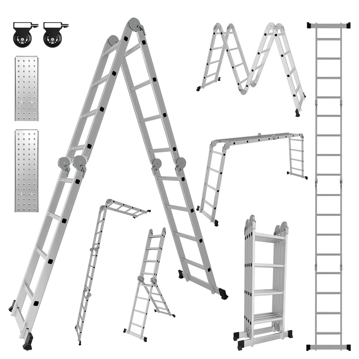 Ikodm Escalera Multiusos de 4 x 4 peldaños, 4,7 m, 7 en 1, de Aluminio, hasta 150 kg, con 2 Ruedas de Transporte y 2 Plataformas, Escalera articulada Plegable