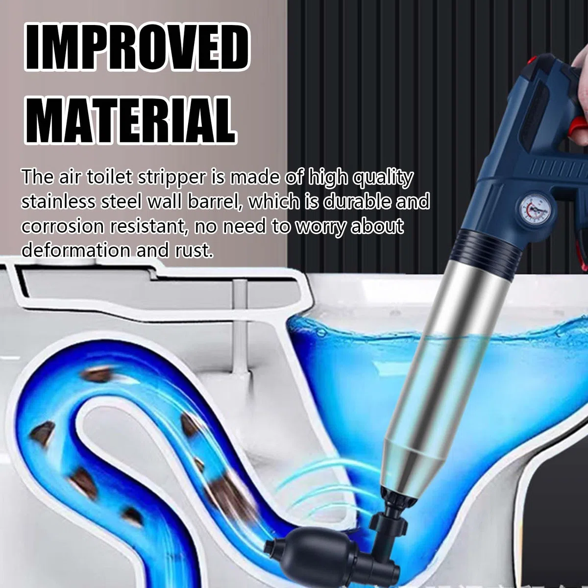 Desatascador Tuberias Eléctrico, Desatascador Fregadero WC Profesional con Indicador de Presión de Aire y 4 Adaptadores de Goma Desatascador de Desagüe para Baño Cocina Inodoro Desagüe de Suelo