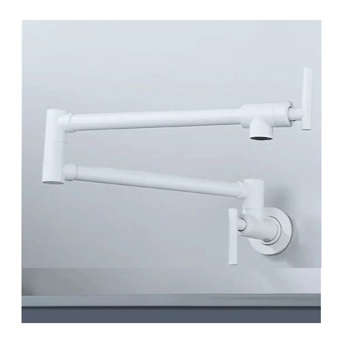 Grifo de llenado de ollas blanco, grifo de cocina plegable con brazo oscilante de doble manija de un solo orificio, grifo de llenado de ollas de cocina de montaje en pared de latón