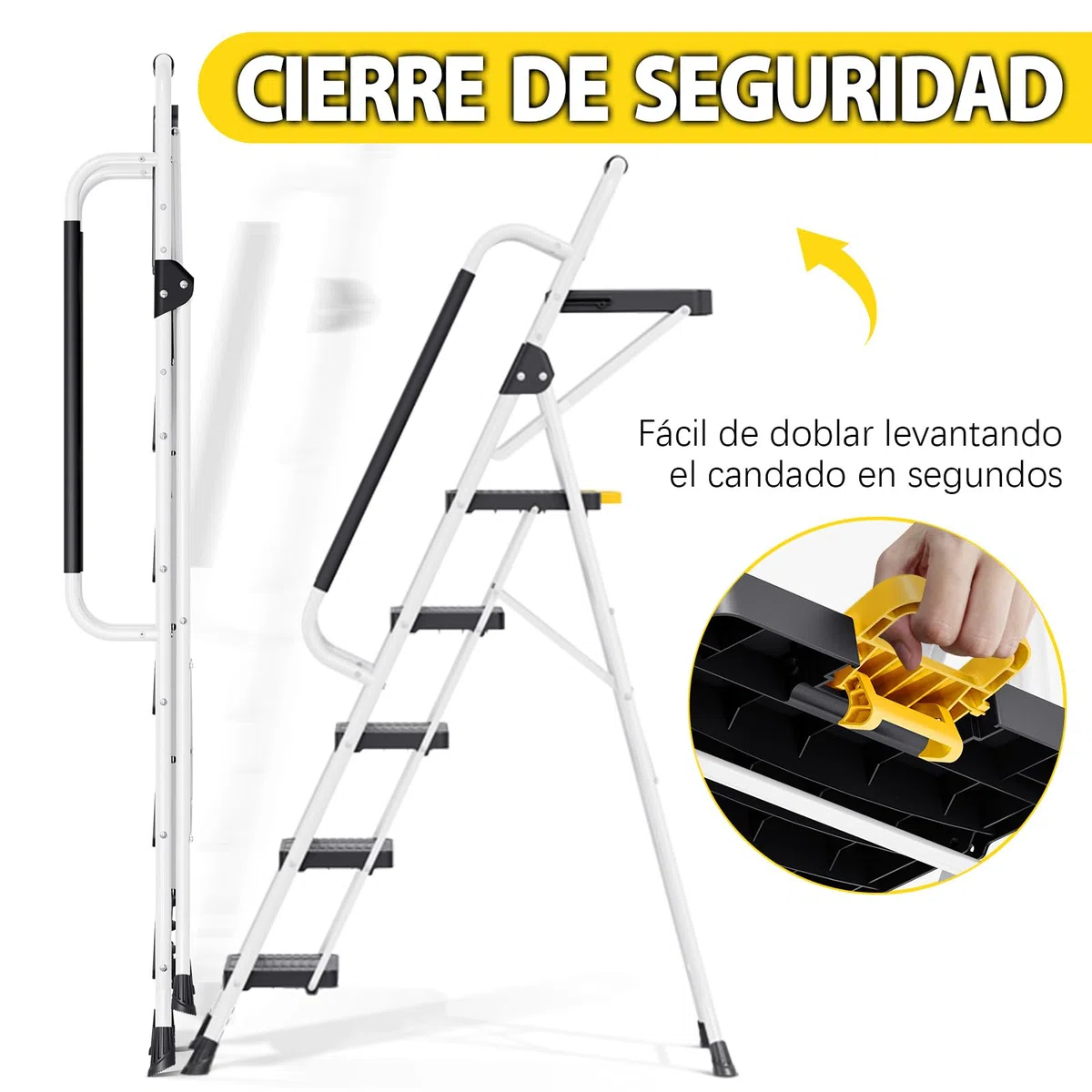 KINGRACK Escalera Plegable 5 Peldaños, Carga hasta 150 kg, con Bloqueo de Seguridad, Pedales Anchos Antideslizantes, Pasamanos, Bandeja de Herramientas Escalera Doméstica Hogar Oficina Armarios Blanco