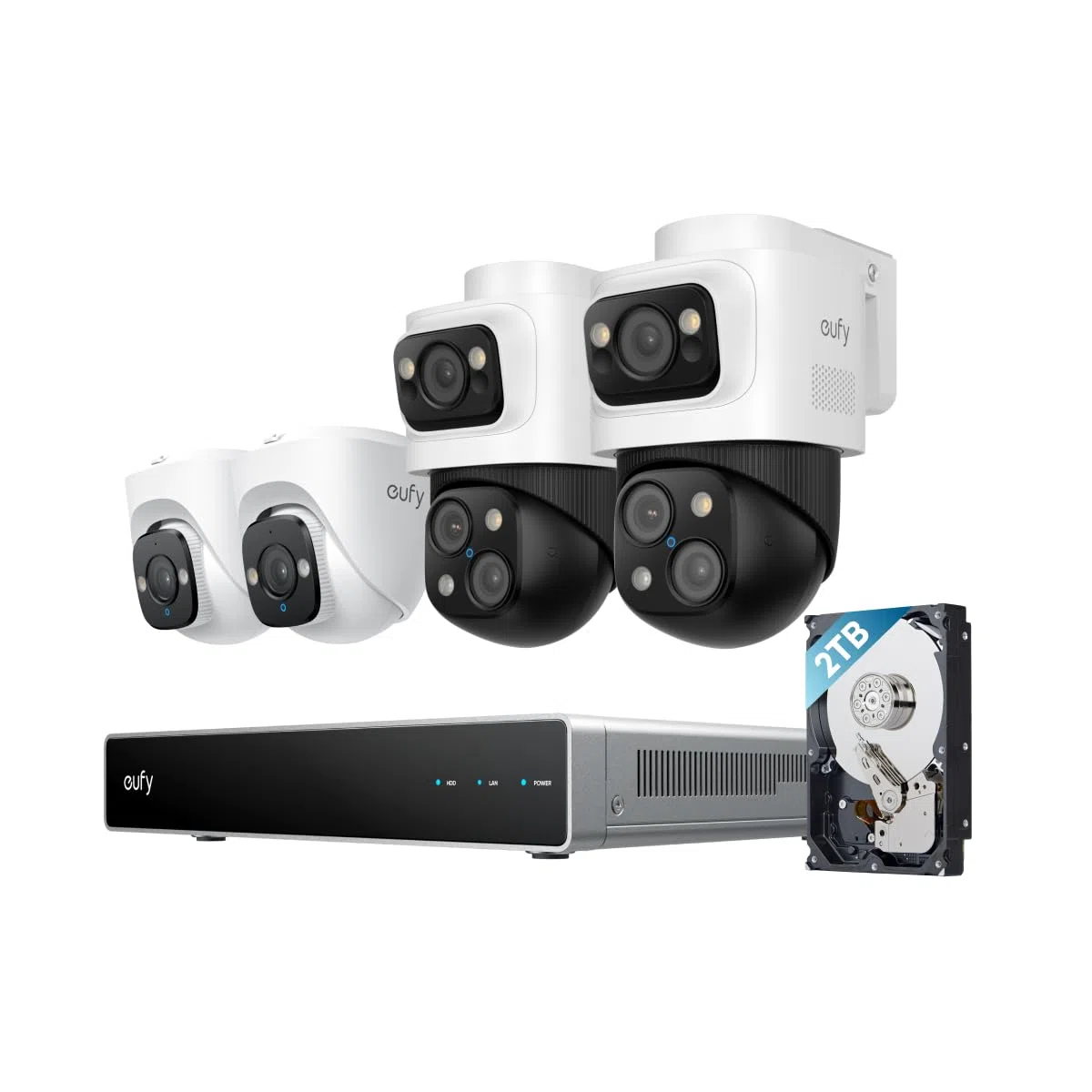 eufy Security S4 Camaras de vigilancia Exterior PoE NVR, 2 cámaras Bullet-PTZ, 2 cámaras Torre, Encuadre y Seguimiento automático IA, búsqueda Inteligente de Video, luz estroboscópica, grabación 24/7