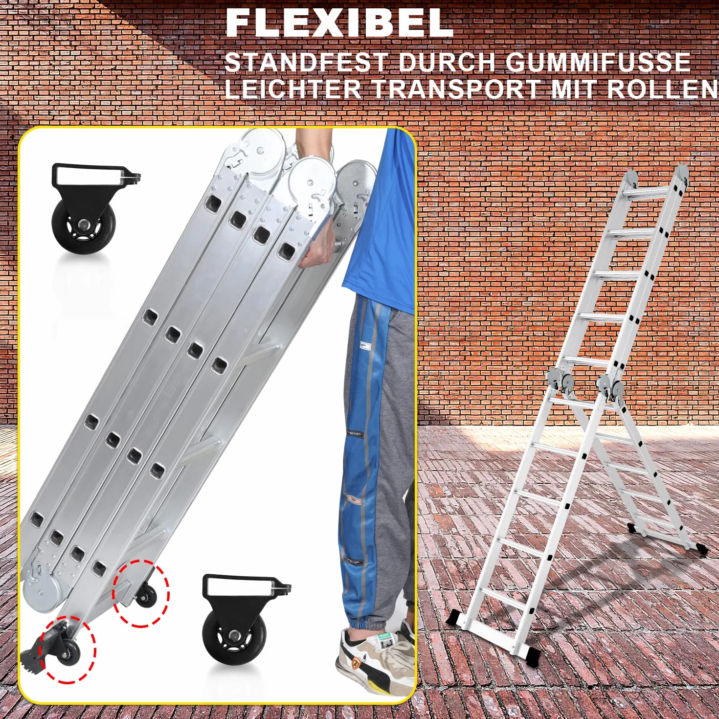 Ikodm Escalera multifunción de Aluminio de 4 x 5 peldaños, 5,82 m, 7 en 1, hasta 150 kg, con 2 Ruedas de Transporte y 2 Plataformas, Escalera articulada Plegable