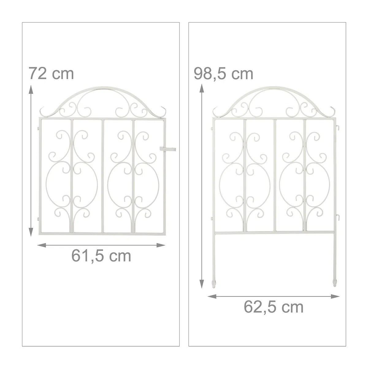 Relaxdays Puerta de Jardín, 3 Piezas, Acero, Adornos de Arabescos, 2 Paneles Laterales de Valla, 98,5 x 185 cm, Blanco