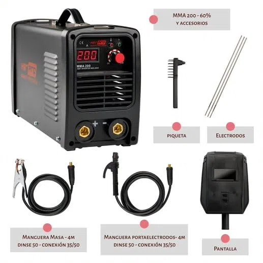QUALITY PRO TOOLS | Soldador Inverter Profesional MMA-200amp al 60% | Funciones Hot Start, Arc Force y Anti Stick | Máquina de Soldar Ligera, Portatil y Facil de Usar