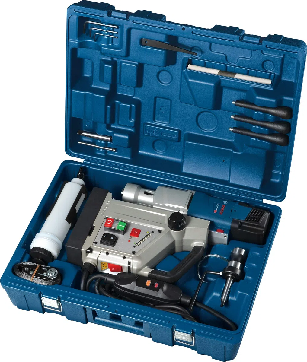 Bosch Professional taladro GBM 50-2 (incl. adaptador p. fresa hueca, llave hexag., expulsor brocas, casquillo reductor, clavija central, correa seguridad, depósito refrigerante, estribo, maletín)