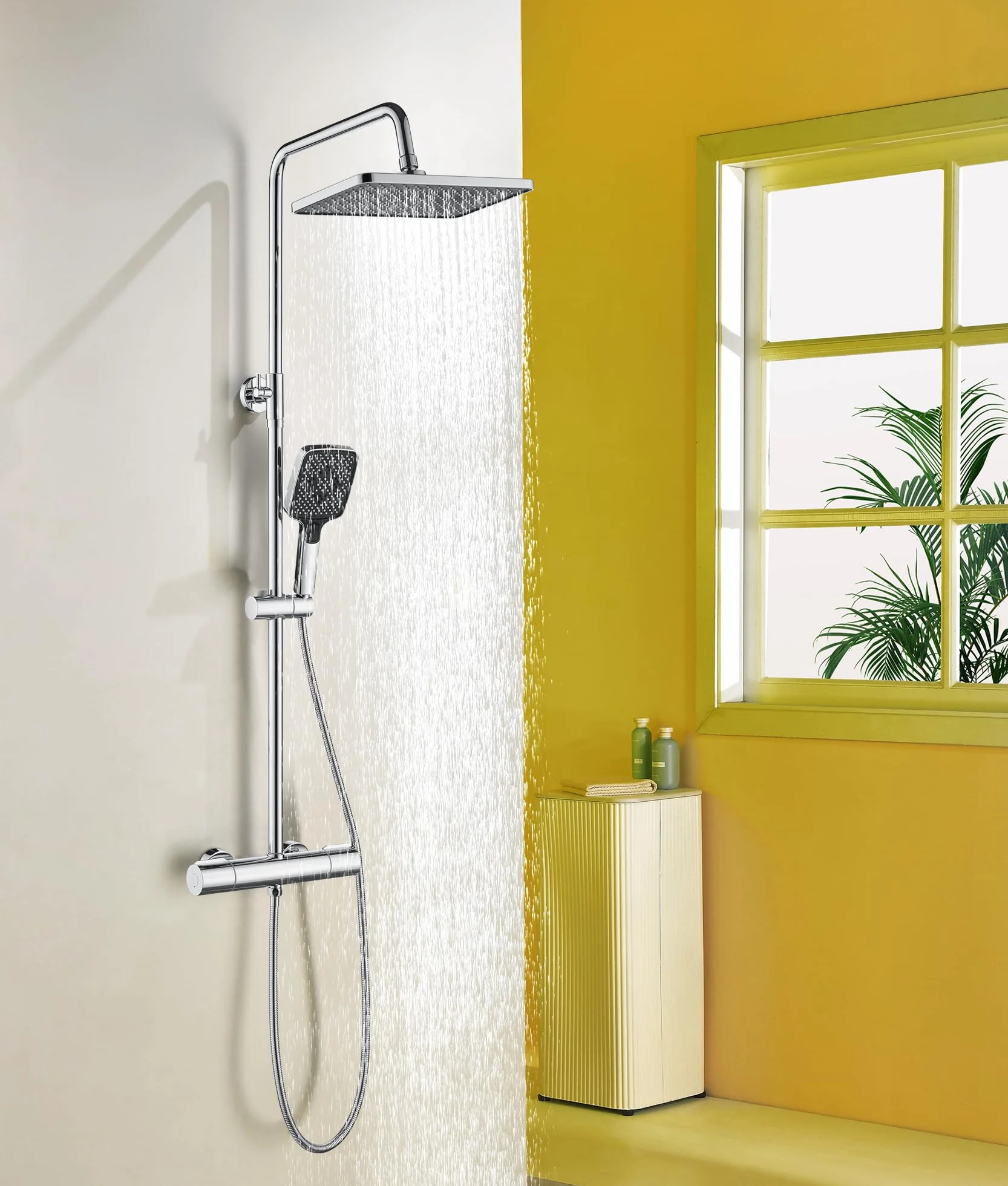 Grifo de Columna Ducha Termostático Antiquemaduras 38°con Barra e Ducha Ajustable Ducha Mano 3 Funciones Barra Altura Ajustable 88-125cm con Rociador de 25x25cm (cromo)