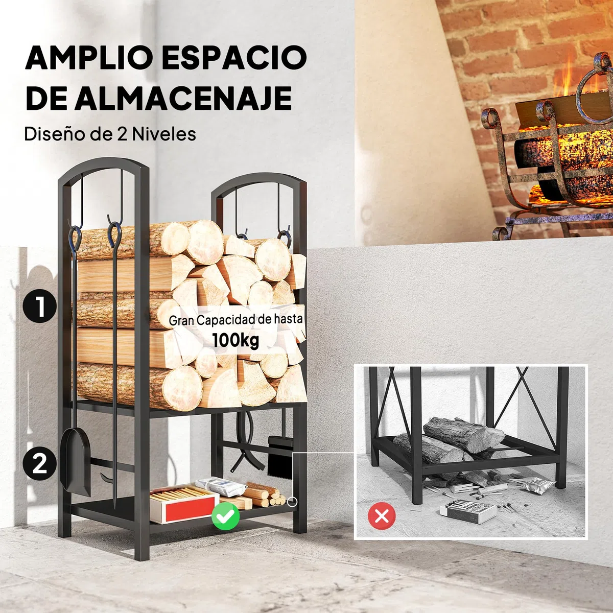 Outsunny Estante de Leña para chimenea Soporte para Leña de 2 Niveles Leñero Exterior e Interior Metálico con 4 Herramientas para Chimenea Carga Máx.100 kg 40x30x74,5 cm Negro