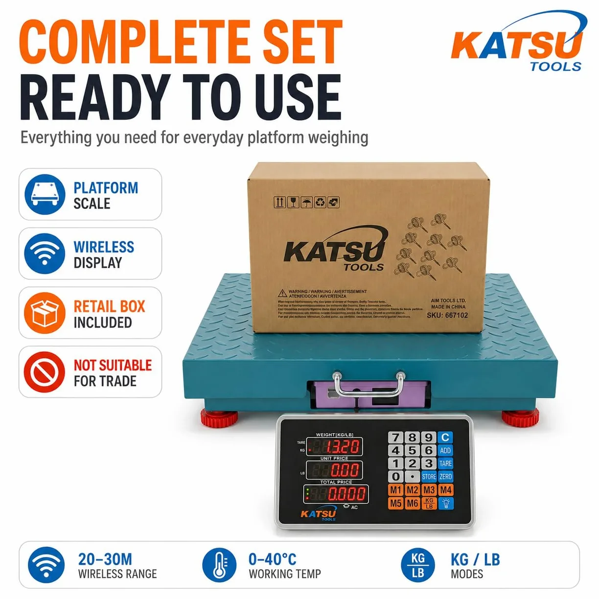 KATSU Balanza Industrial de Plataforma 500kg Electrónica Recargable Báscula Postal Digital con LED Pantalla y 50x60cm Plataforma de Acero a Prueba de Herrumbre para Envío de Paquetes Almacén