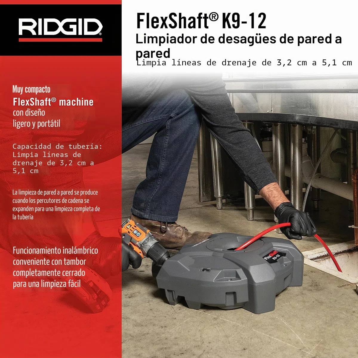 FlexShaft Limpiador de desagües de pared a pared, 1/4 pulgadas. x 30 pies. Limpia 1-1/4 pulgadas. a 2 pulgadas. Tubos a capacidad de flujo completo