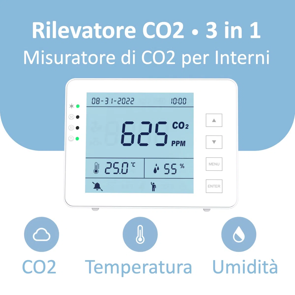 Detector 3 en 1 – Medidor CO2 Temperatura Humedad RH | Batería 10h | SA1300P | Sensor NDIR | Registrador de datos con alarma | para casa y ambientes interiores | Registrador de datos | Dióxido de