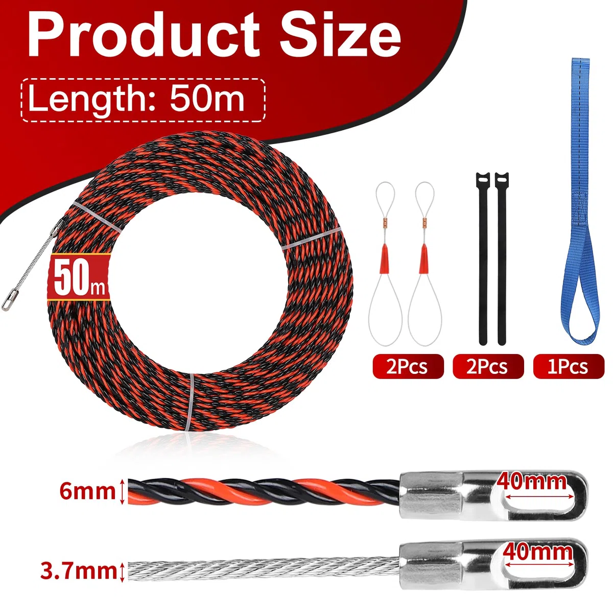 EFUTURETIME Guia Pasacables Pared 50m, Cable Puller 6mm con 2 Muelle de Guía, 3 Cintas de Amarre, Enhebrador de Alambre Electrico para Instalación y Desinstalación de Cables