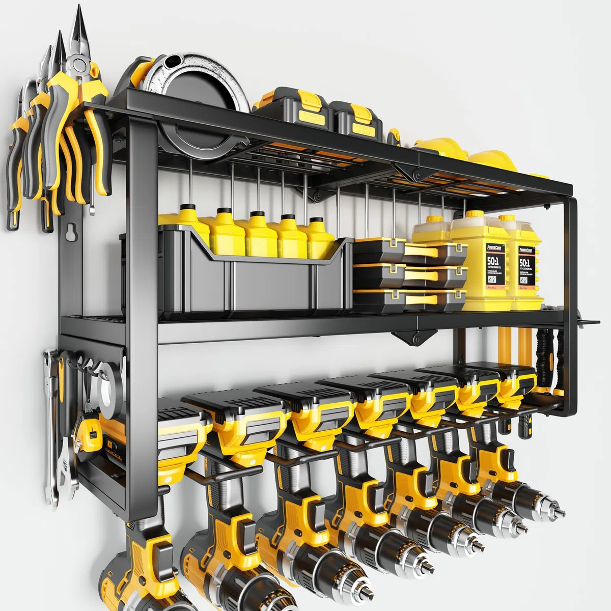 Hipidian Organizador de Pared 3 Niveles para Herramientas Eléctricas - Soporte con 7 Portabrocas y 68 kg Capacidad, Almacenaje en Acero para Taller, Garaje y Trastero