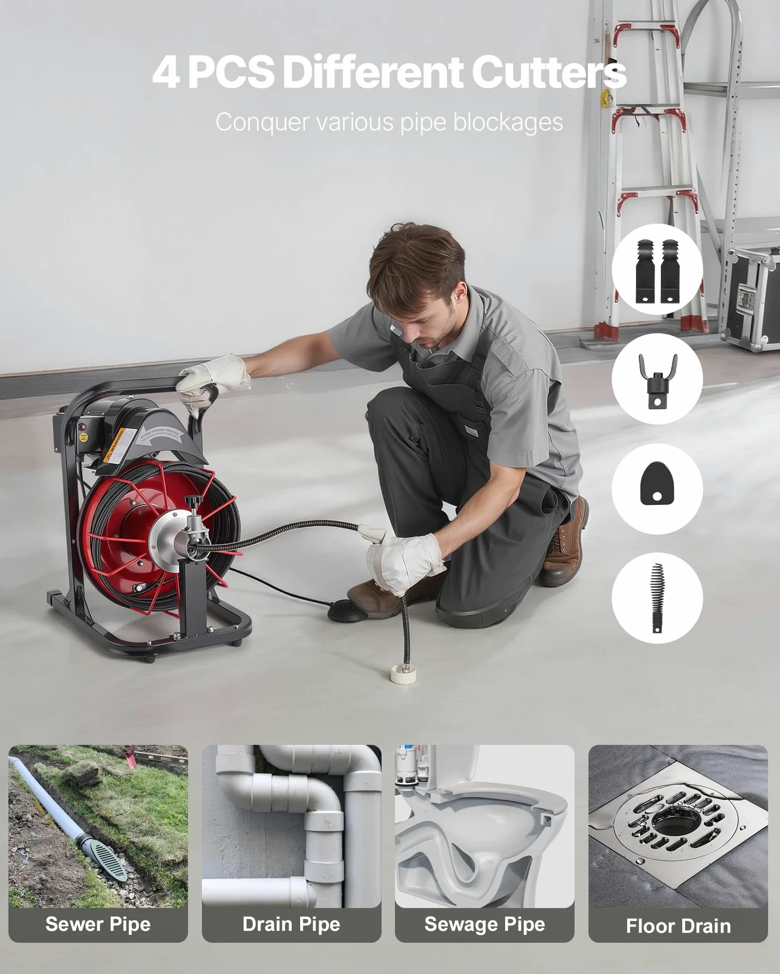 VEVOR Desatascador de Desagües Eléctrico 15m x 8mm Máquina de Limpieza de Tuberías con Alimentación Automática Interruptor de Pedal Neumático Limpiador de Tubos de Drenaje para Tuberías de 5-10 cm