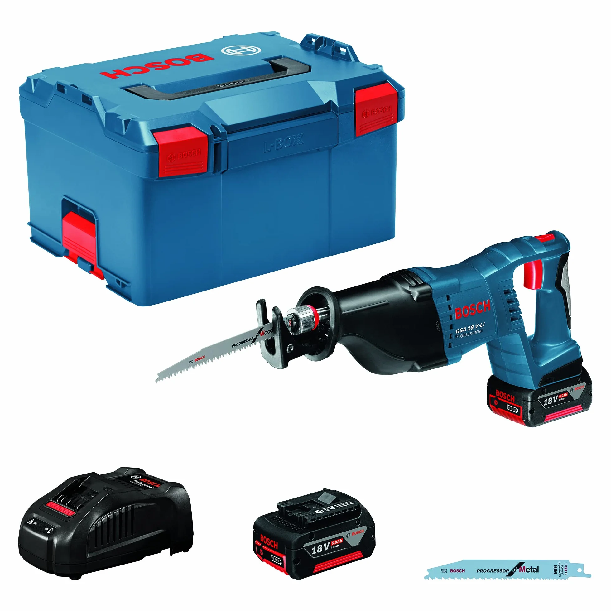 Bosch Professional GSA 18 V-LI - Sierra sable a batería (2 baterías x 5.0 Ah, 18 V, 2.400-2.700 cpm, control de velocidad, en L-BOXX)