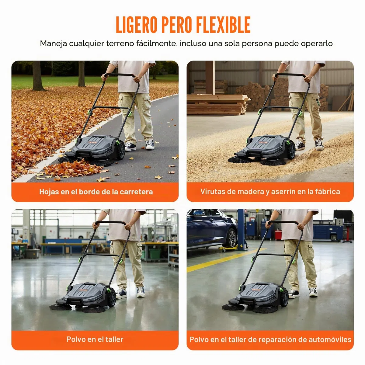 VEVOR Barredora de Suelo de Empuje, Barredora Mecánica, Ancho de Barrido 65 cm, Escoba Manual, Contenedor de Residuos 18.9 L, Mango Plegable Ajustable en Ángulo y Altura, para Jardines, Garajes