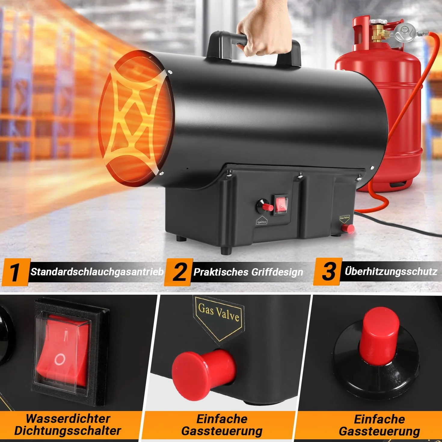 Pistola de gas, 15 kW, incluye manguera de conexión y regulador de presión de gas de 700 mbar, superficie efectiva: 225 m², para obras de construcción, áreas de almacenamiento ventiladas
