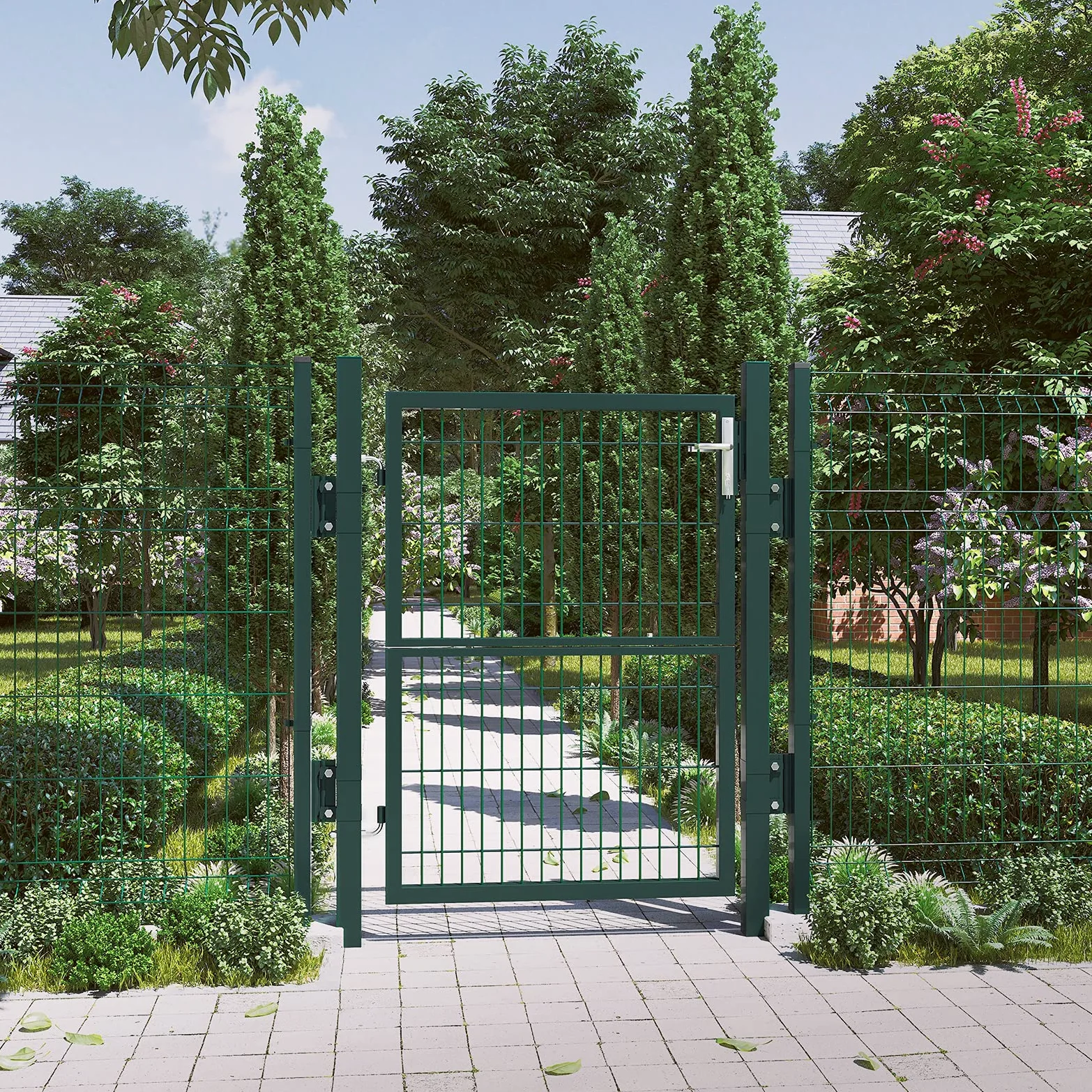 SONGMICS Puerta de Jardín de Acero Galvanizado, Puerta para Valla, con Cerradura, Manija y Llave, 106 x 150 cm (Largo x Alto), Verde GGD200L