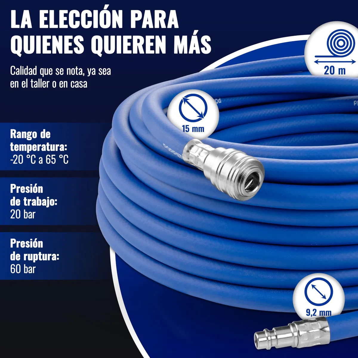 Poppstar Manguera para aire comprimido 20m (PVC híbrido con tejido, diámetro interior 9,2mm con acoplamiento rápido y conector de manguera), hasta 20 bar, azul