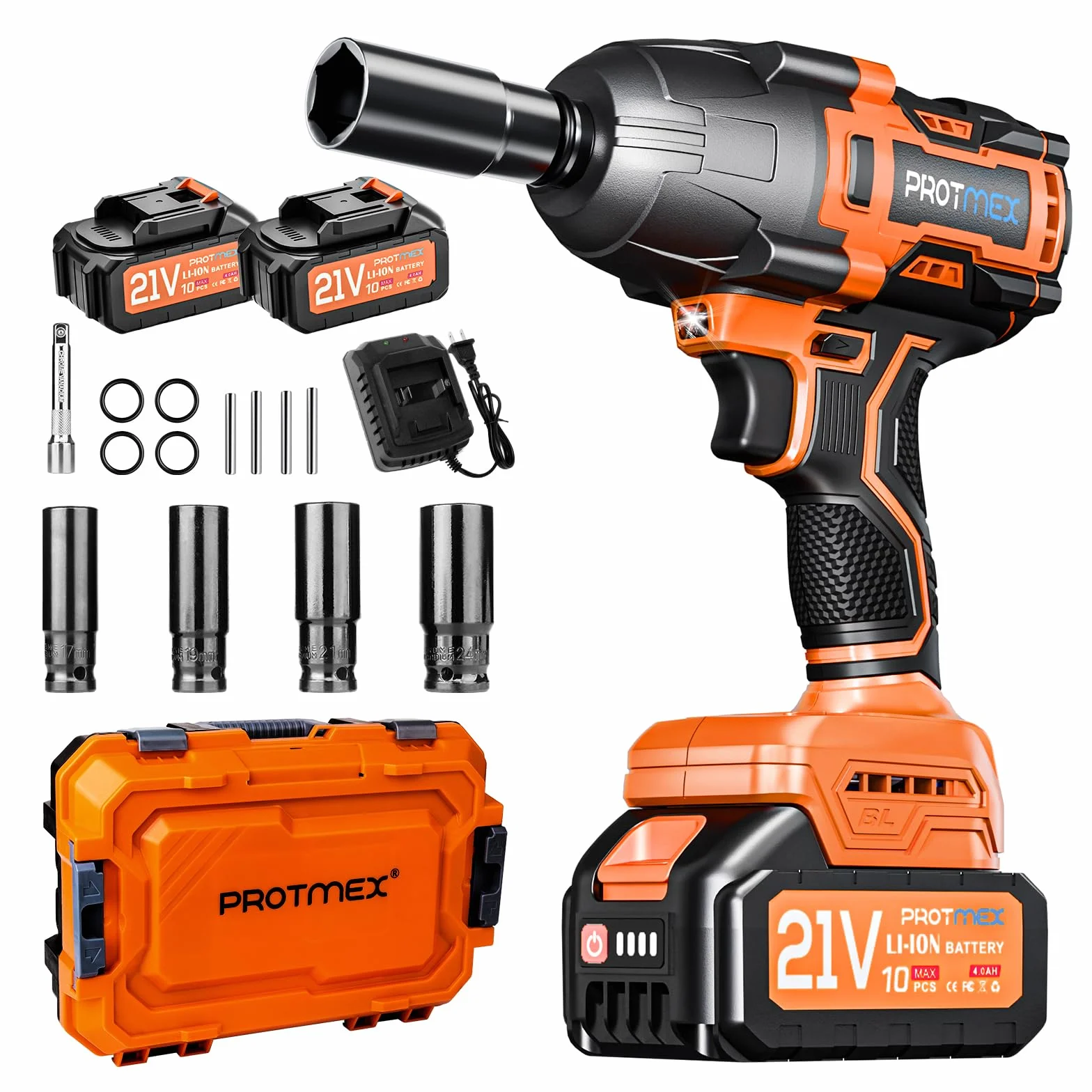 Protmex Llave de impacto inalámbrica sin escobillas,2x4,0 Ah 21V Pistola de Impacto Baterías，par máximo de 1200 N.m,1/2"llave de impacto con 1 destornillador, Para Coche Familiar/Camioneta/Cortacésped