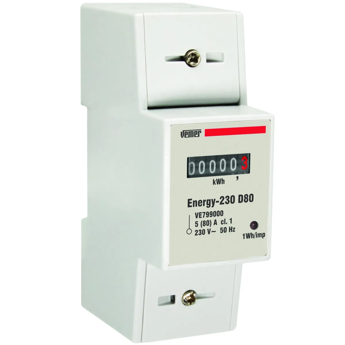 VEMER VE799000 ENERGY 230 D80 - Contador de Energía Monofásico 80A para Carril DIN 2 Módulos, Medidor de Consumo Eléctrico 230V, Medición de Electricidad para Uso Doméstico e Industrial, Blanco
