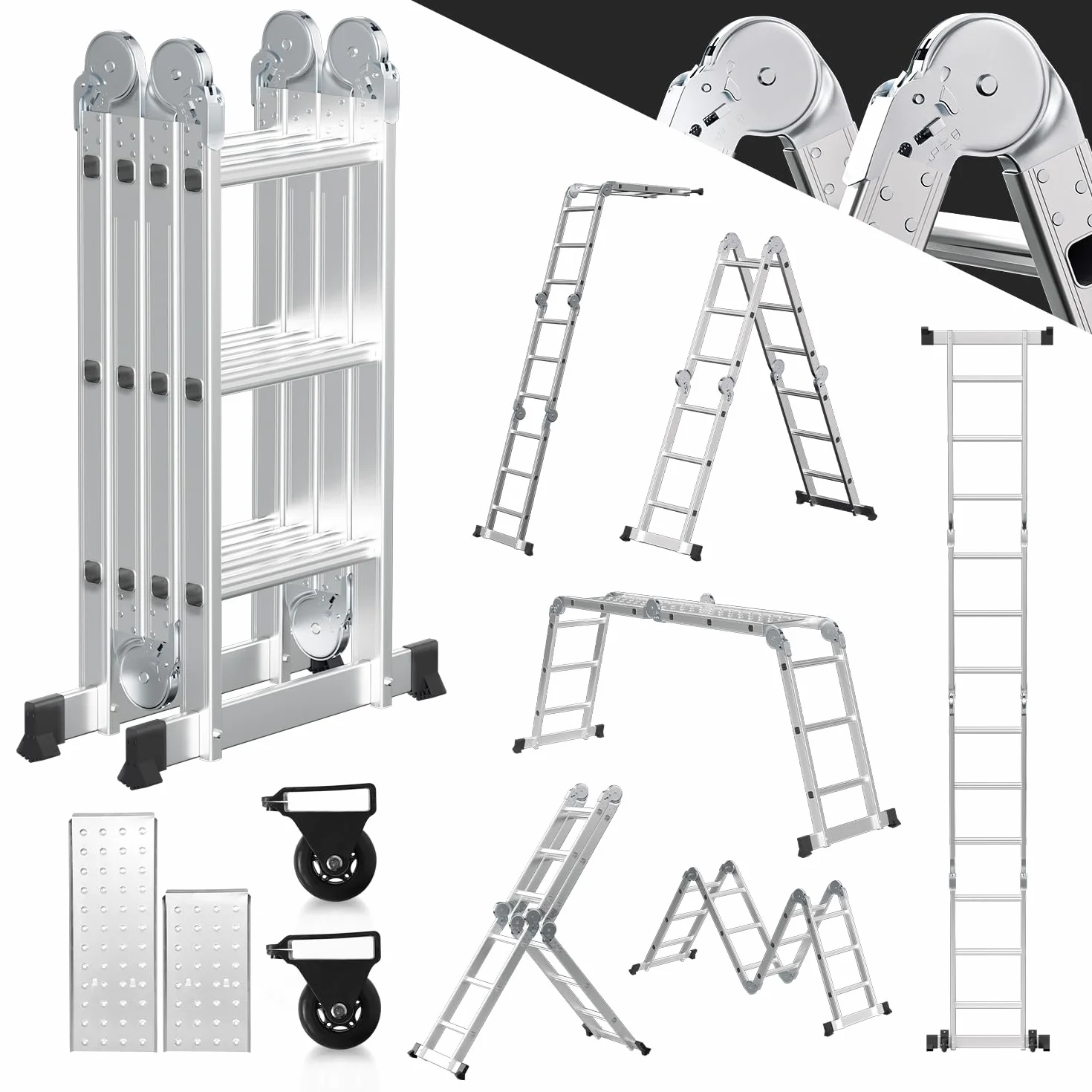 Fiqops - Escalera multifunción (4 x 3, 360 cm, 7 en 1, aluminio, con 2 plataformas y 2 ruedas de transporte, hasta 150 kg)