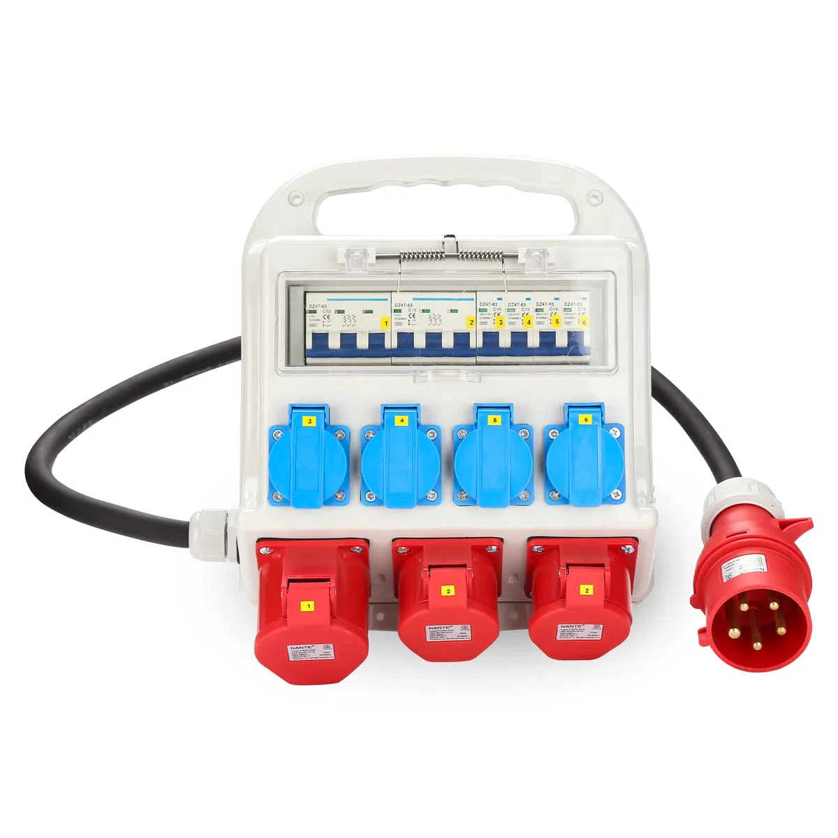 Herrselsam - Distribuidor de corriente para construcción, 2 CEE 16A 400V+1x CEE 32A 400V+4x 230V Schuko con cable de alimentación de 1,2 m con disyuntor, sitio interior exterior