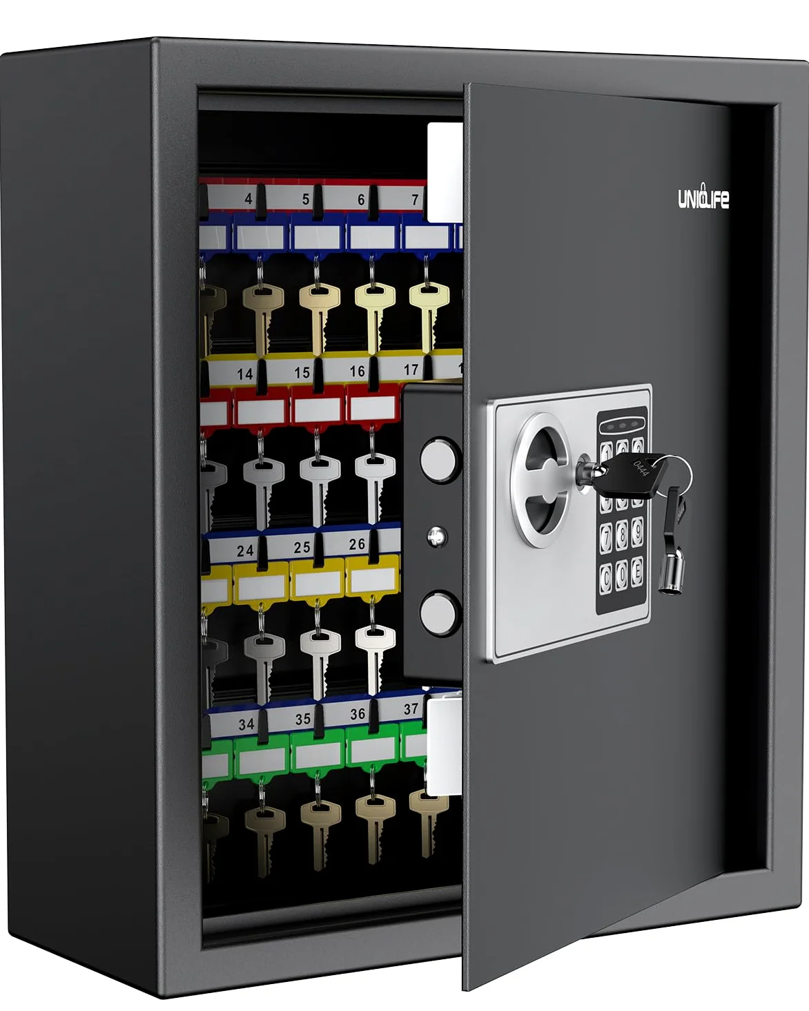 Uniclife Armario para llaves de 70 posiciones con combinación y cerradura de llave, organizador de llaves de seguridad montado en la pared, negro