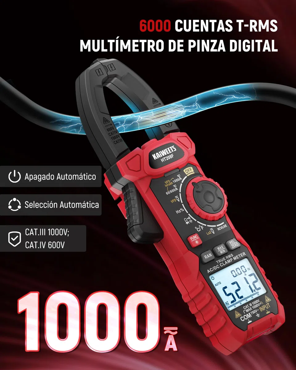 Pinza Amperimétrica KAIWEETS 1000A CA/CC, Pinza Amperimetrica De Conteo HT208F 6000, Modo Vfd y Loz, Pantalla Mejorada en Blanco y Negro, AC/DC, Resistencia, Capacitancia, Medición De Sobrecorriente