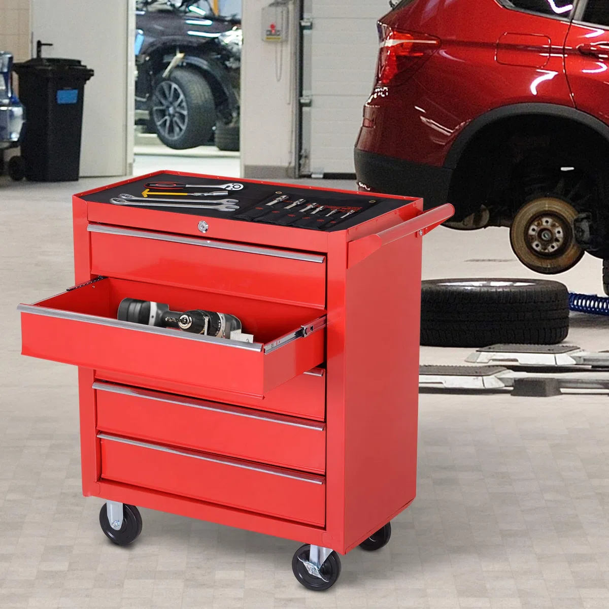 DURHAND Caja Taller Carro de Herramientas con Ruedas Cerradura Tipo Mueble de Almacenamiento para Taller Garaje y Hogar Chapa de Acero 69x33x75cm Rojo
