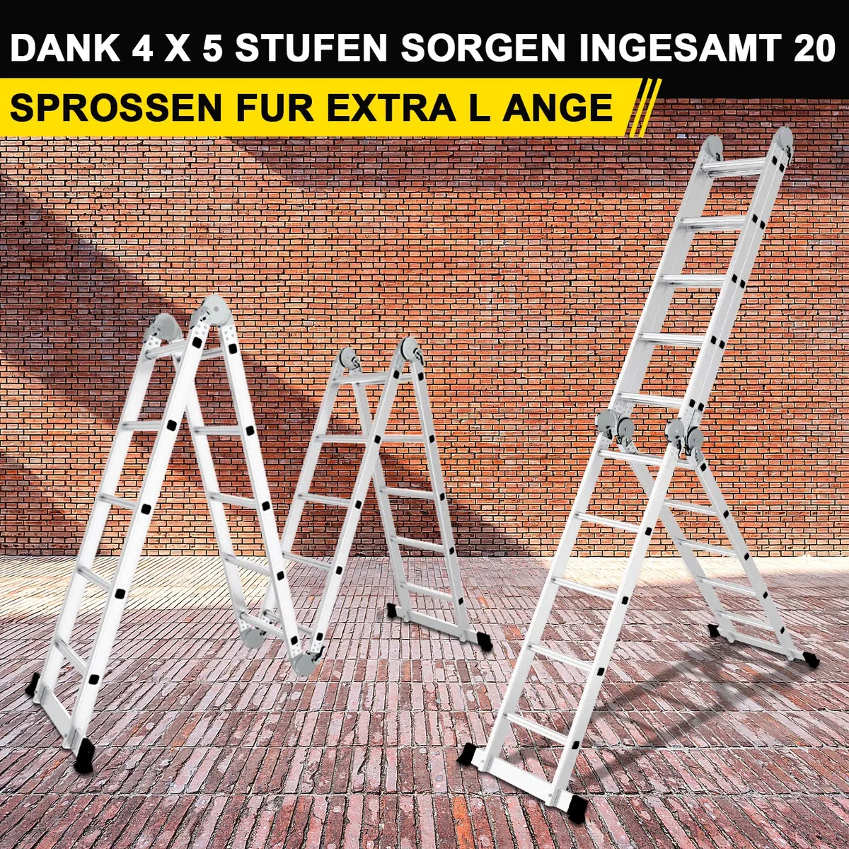 Herrselsam Escalera Multiusos 4 x 5, 7 en 1, 582 cm, Aluminio, Plegable, con 2 Plataformas y Ruedas, Carga máxima 150 kg, Escalera multifunción 20 peldaños,DY8973-M-1x